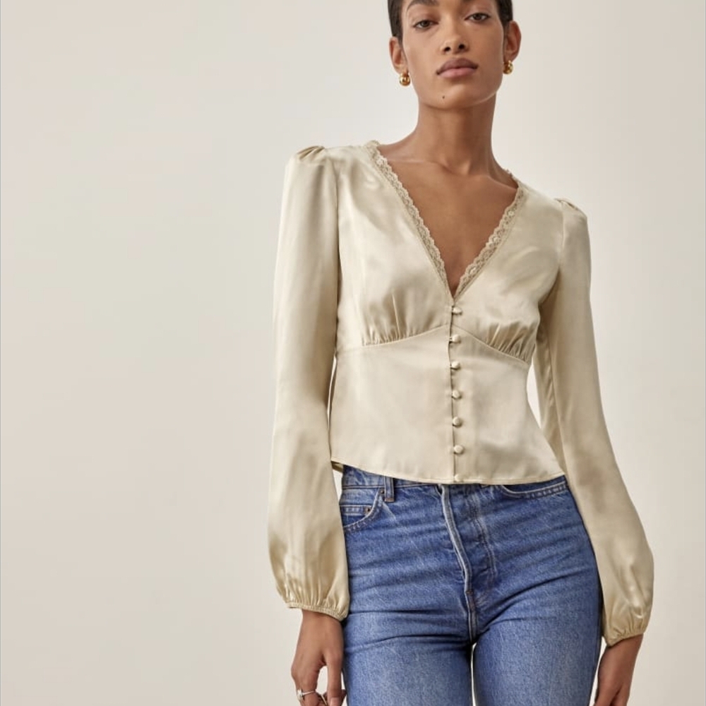 Silk V-Neck Button Front Top